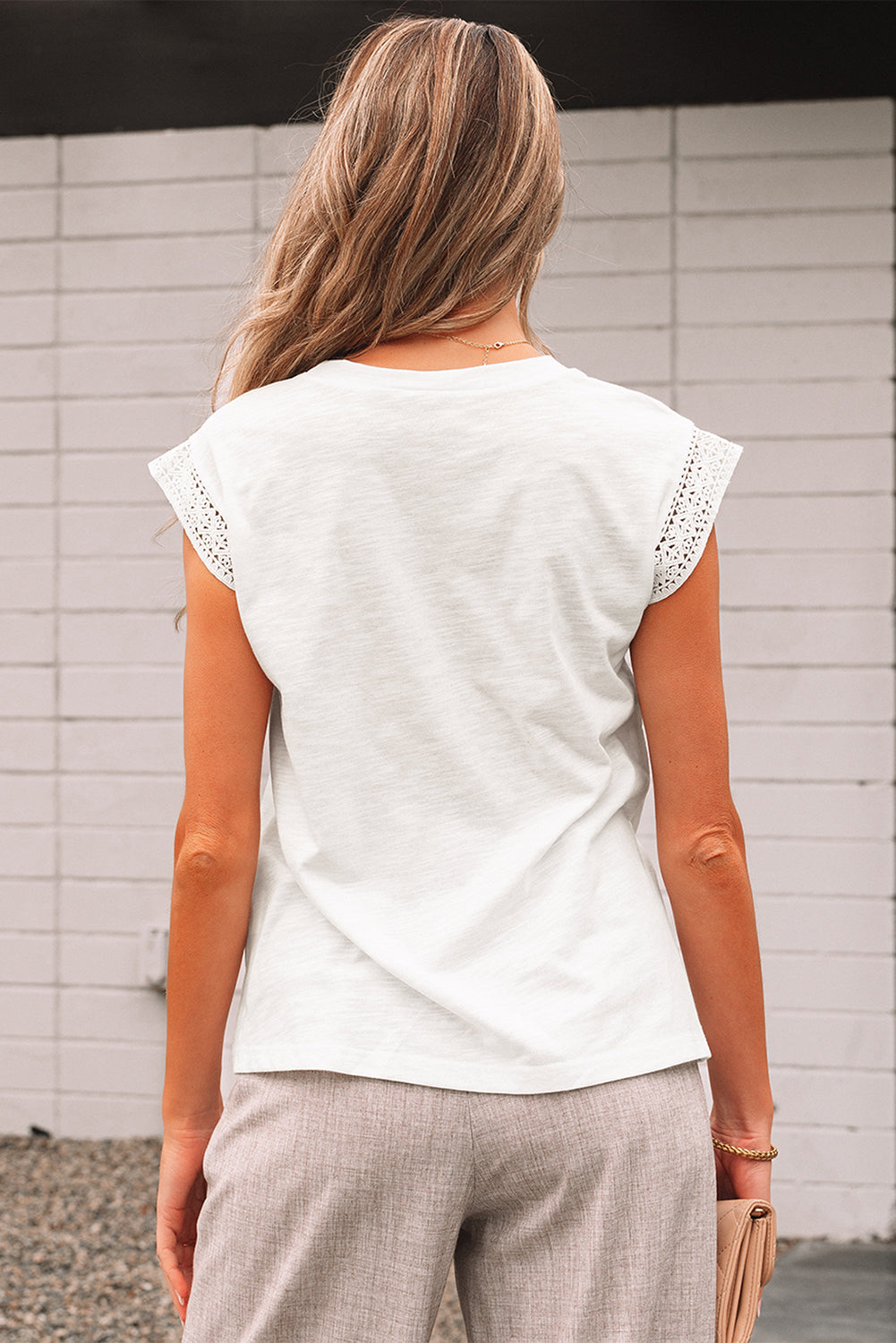 White Lace Patchwork Cap Sleeve Round Neck T Shirt