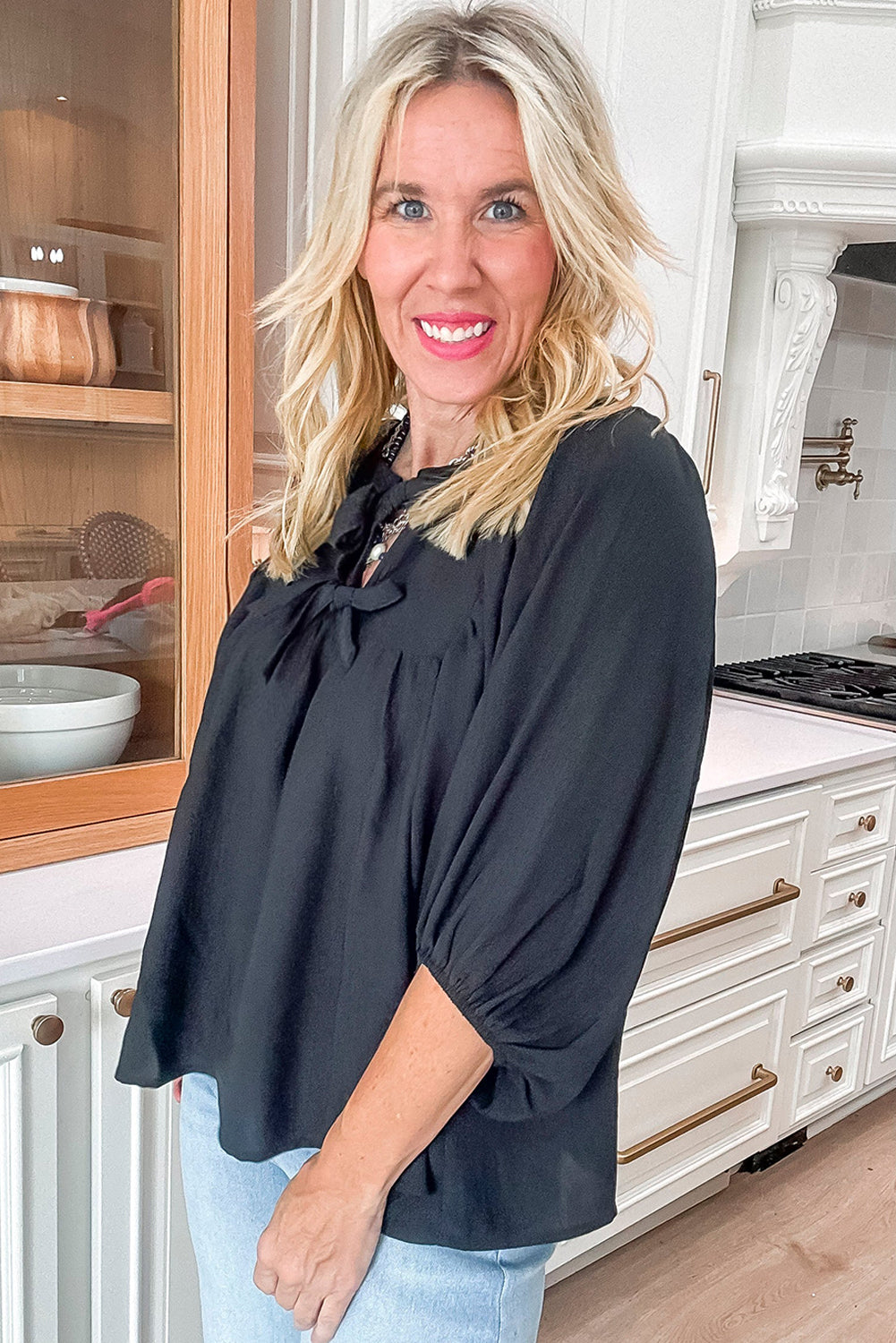Black Bow Tie Neck 3/4 Sleeve Casual Blouse