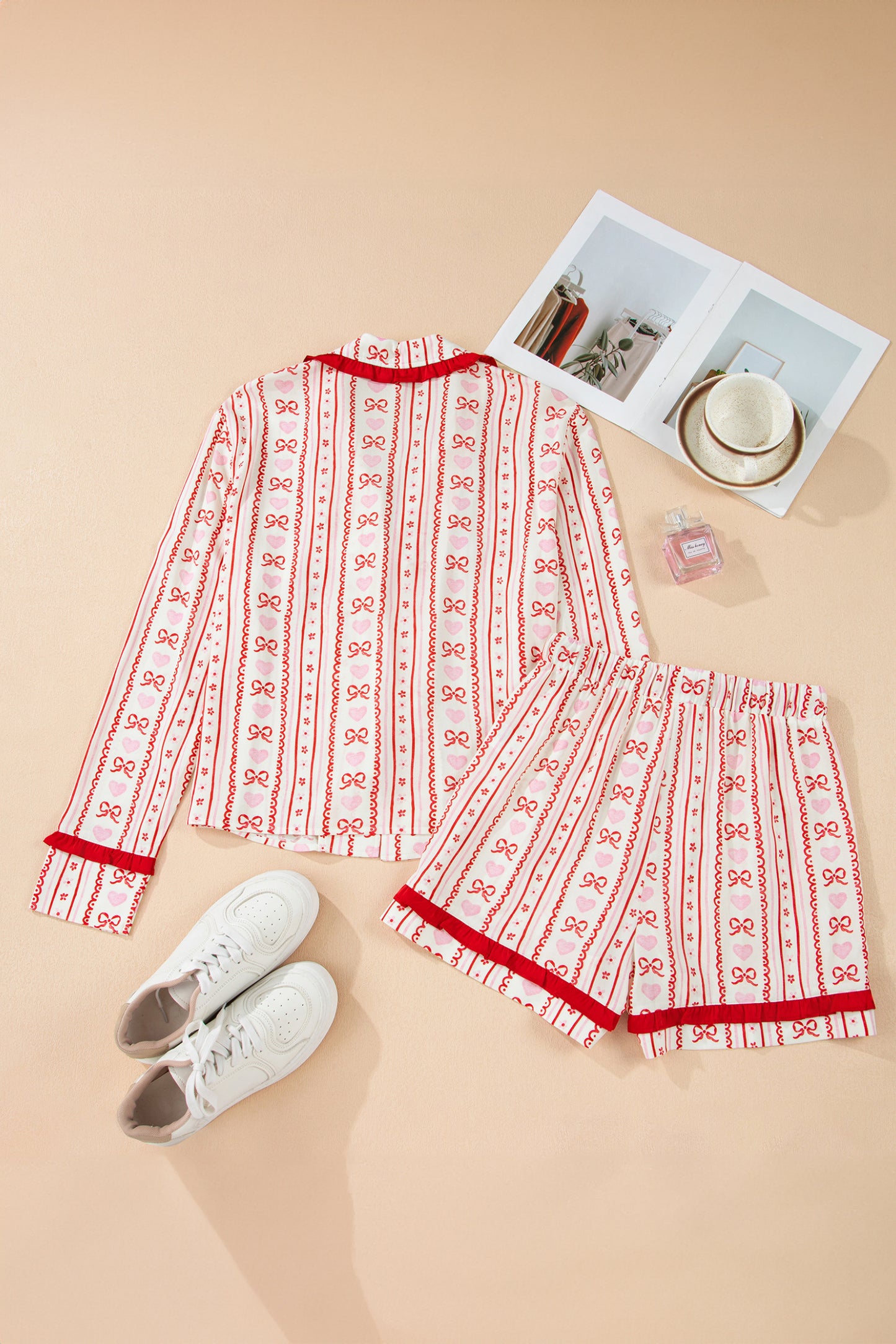 Red Sweet Floral Heart Bow Print Contrast Trim Long Sleeve Shirt Pajama Short Set