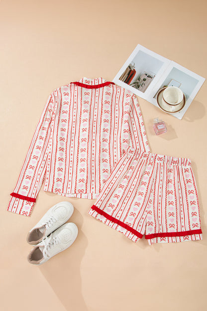 Red Sweet Floral Heart Bow Print Contrast Trim Long Sleeve Shirt Pajama Short Set