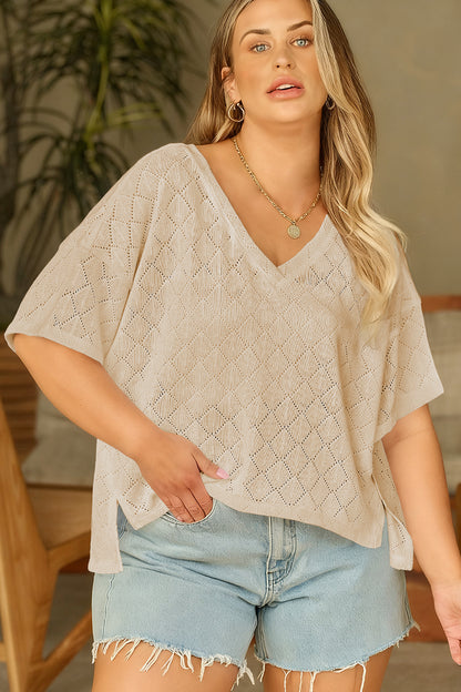 Light Pink Pointelle Rhombus Knit Plus Size V Neck Loose Top