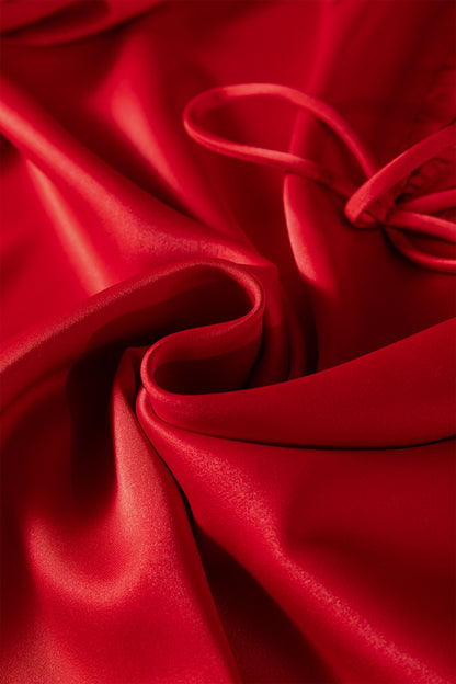 Fiery Red Solid Color Frilled V Neck Bow Detail 3/4 Sleeve Blouse