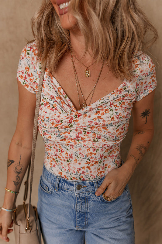 Orange Short Sleeve Floral Ruched Sweetheart Bodysuit