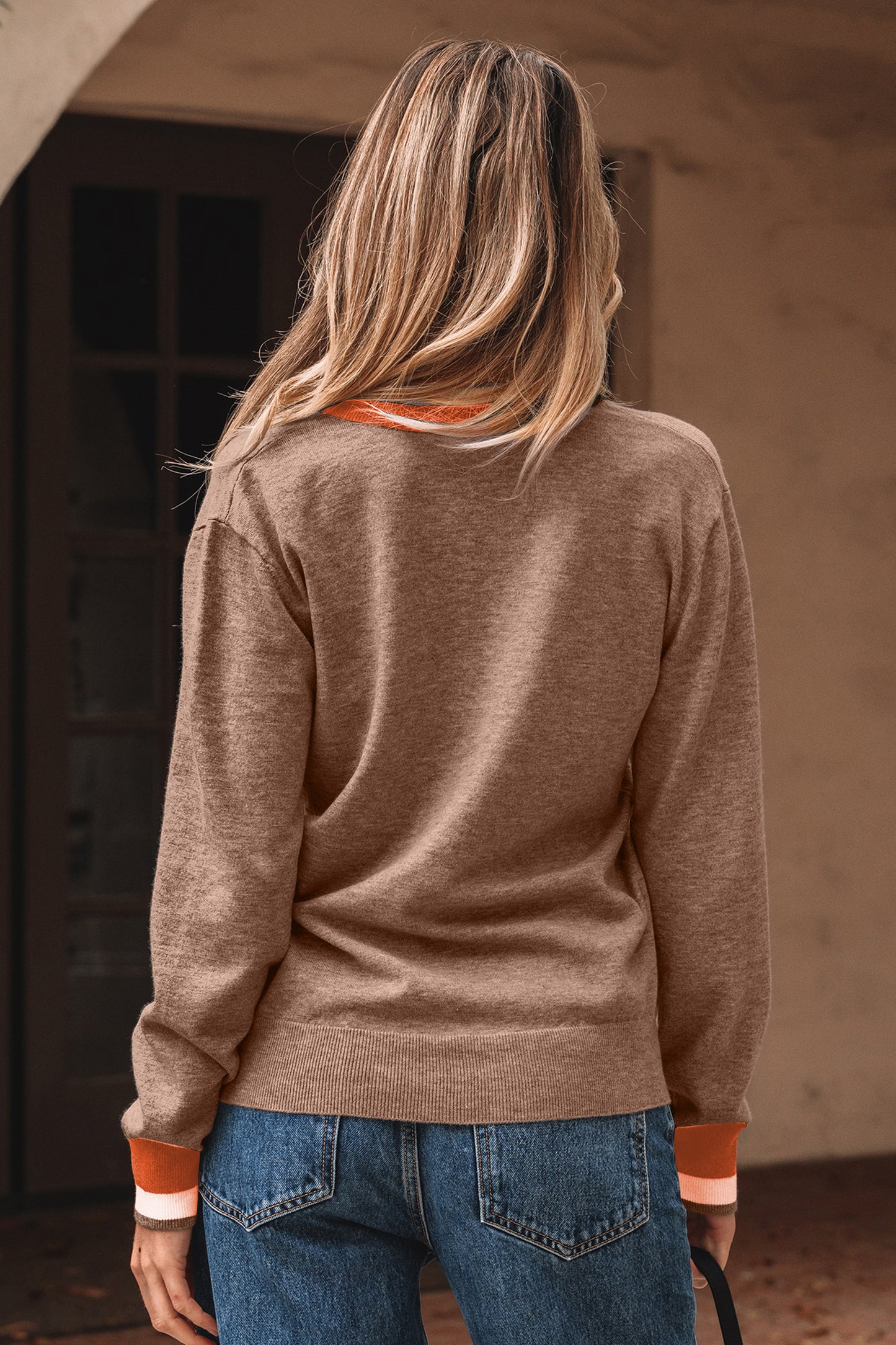 Gray Contrast Striped Trim V Neck Varsity Sweater