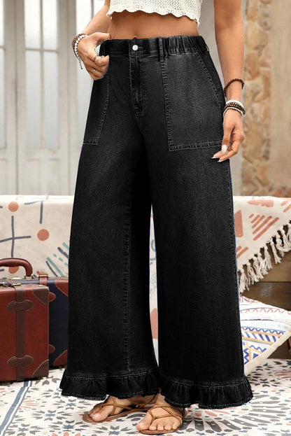 Beau Blue Plus Size Elastic Waist Ruffled Wide Leg Denim Pants