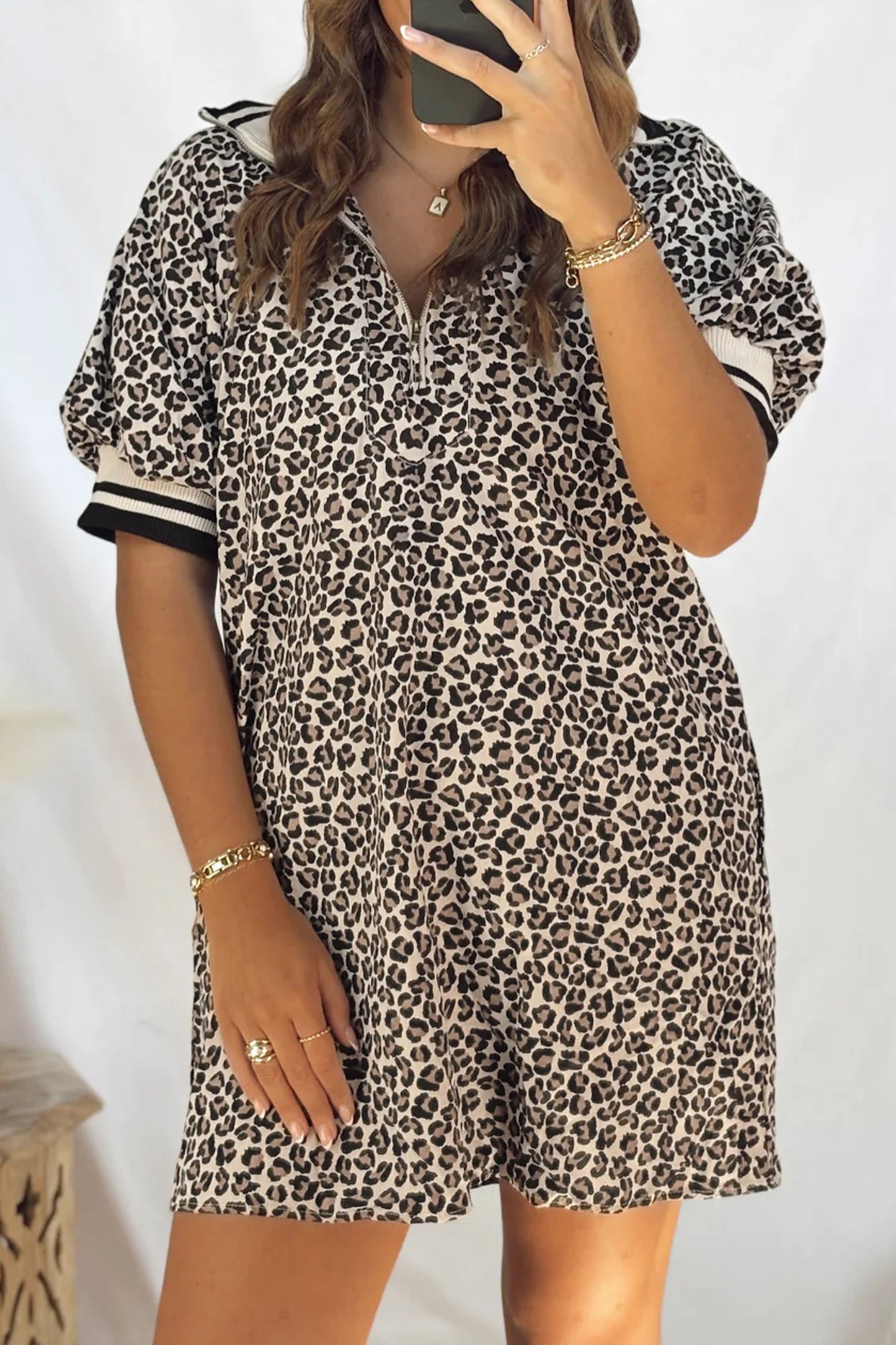 Khaki Leopard Print Zip Neck Striped Webbing Patchwork T Shirt Mini Dress