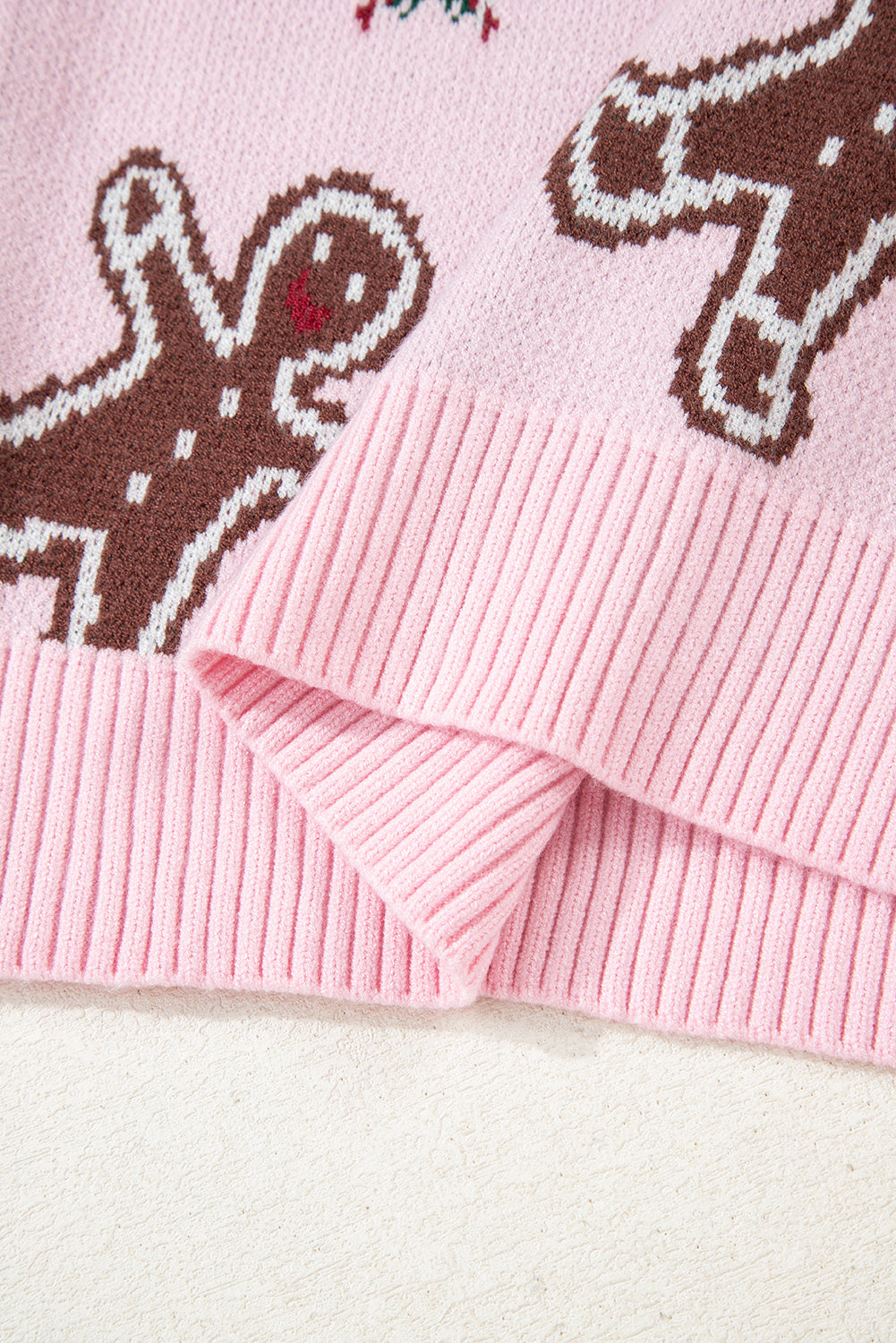 Pink Christmas Ginger Bread Man Print Round Neck Casual Sweater