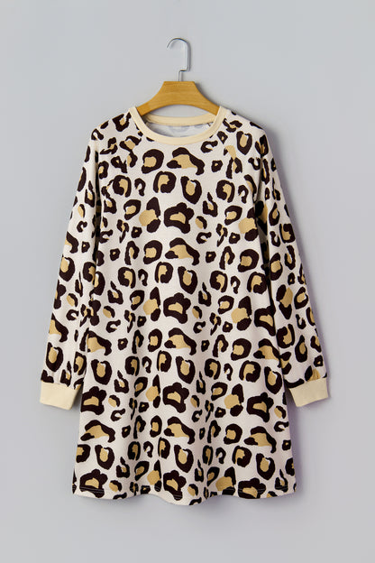 Khaki Leopard Long Sleeve Shift T Shirt Dress with Pockets