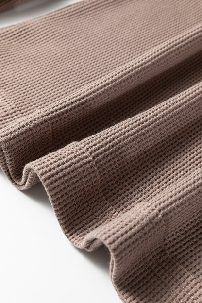 Old Rose Solid Color Waffle Knit Asymmetric Neck Long Sleeve Top