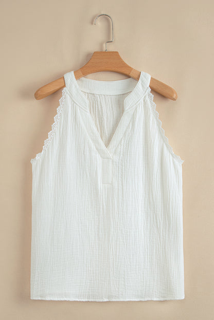 White Textured Lace Trim Pure Cotton Sleeveless Top
