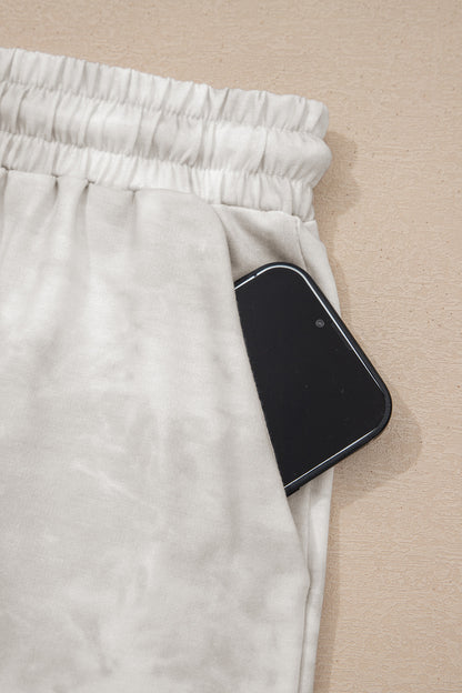 Beige Vintage Tie Dye Bracelet Sleeve Drawstring Elastic Waist 2pcs Short Set