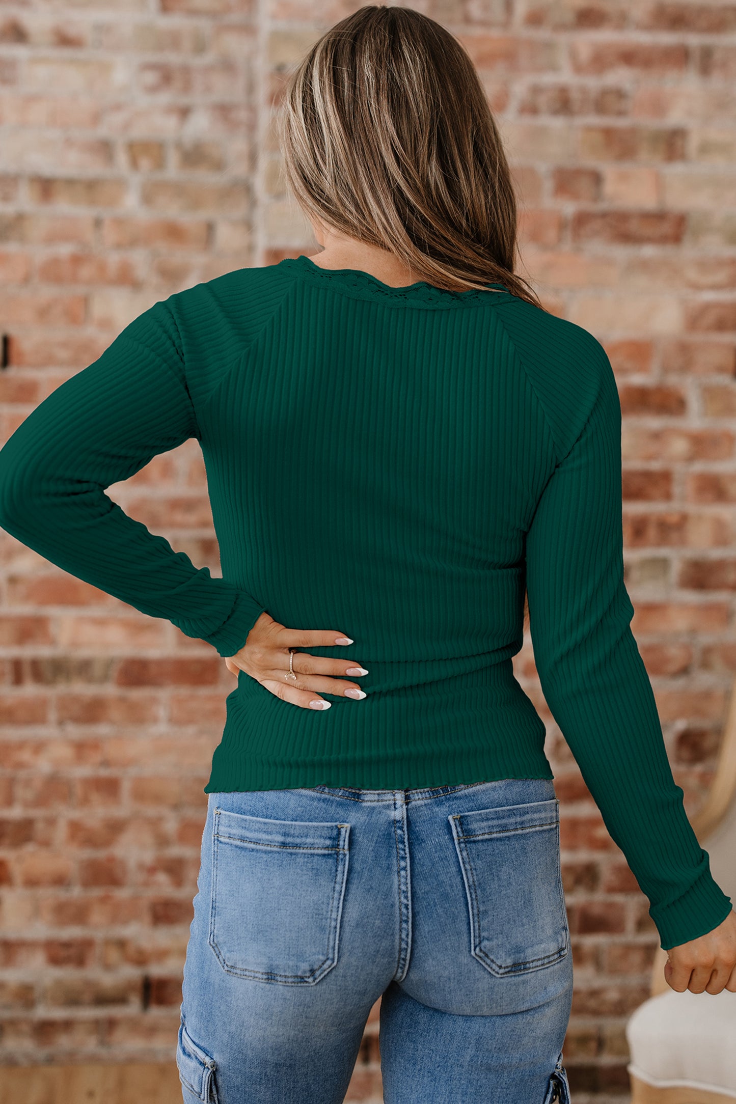 Beige Lace Neckline Button Decor Lettuce Edge Long Sleeve Ribbed Top