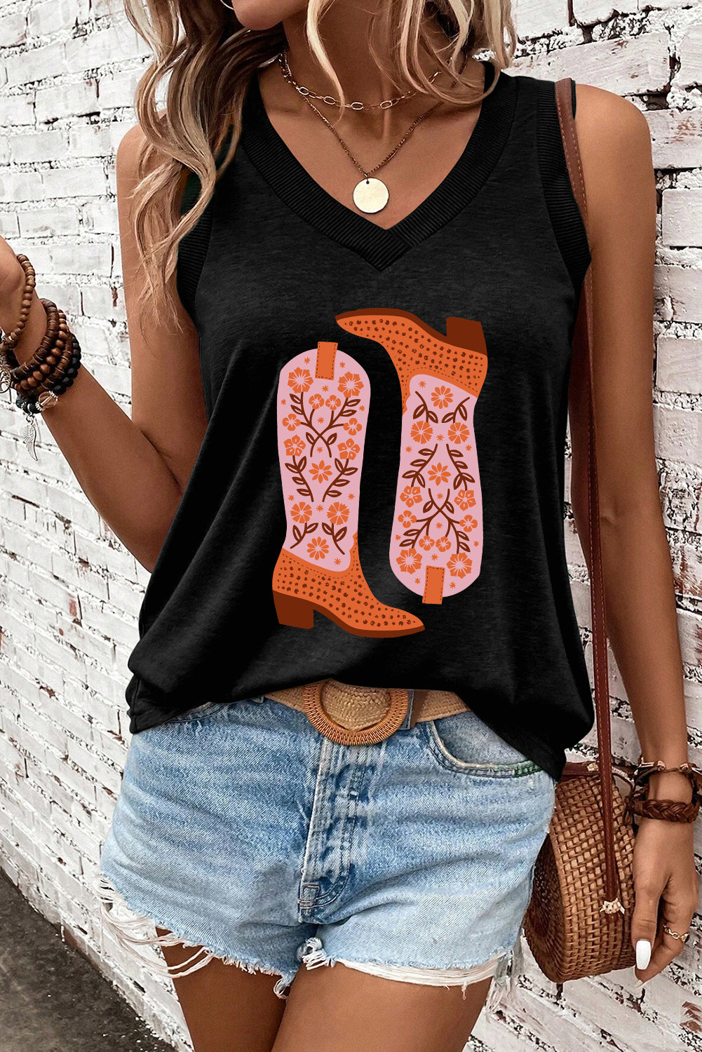 Black Cowgirl Floral Boots Printed Tank Top