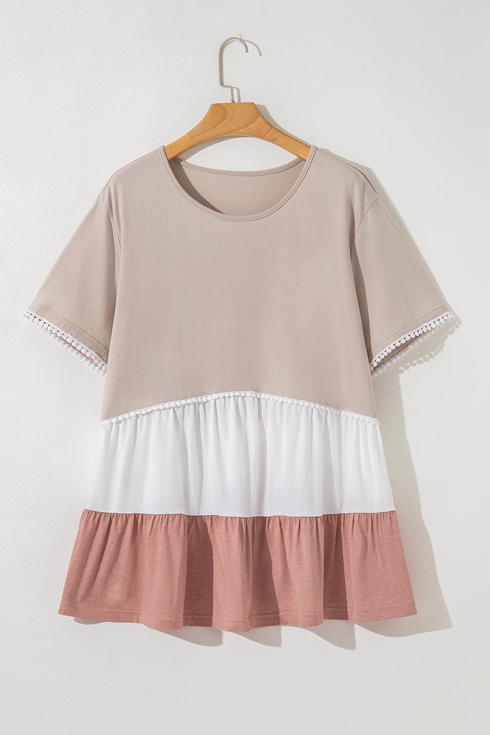 Beige Plus Size Color Block Lace Trim Ruffled Blouse