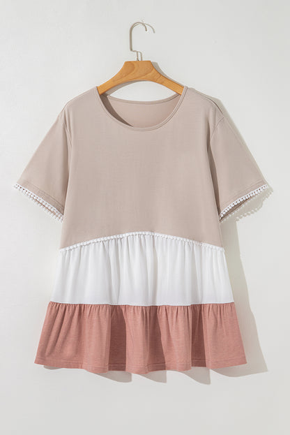 Beige Plus Size Color Block Lace Trim Ruffled Blouse