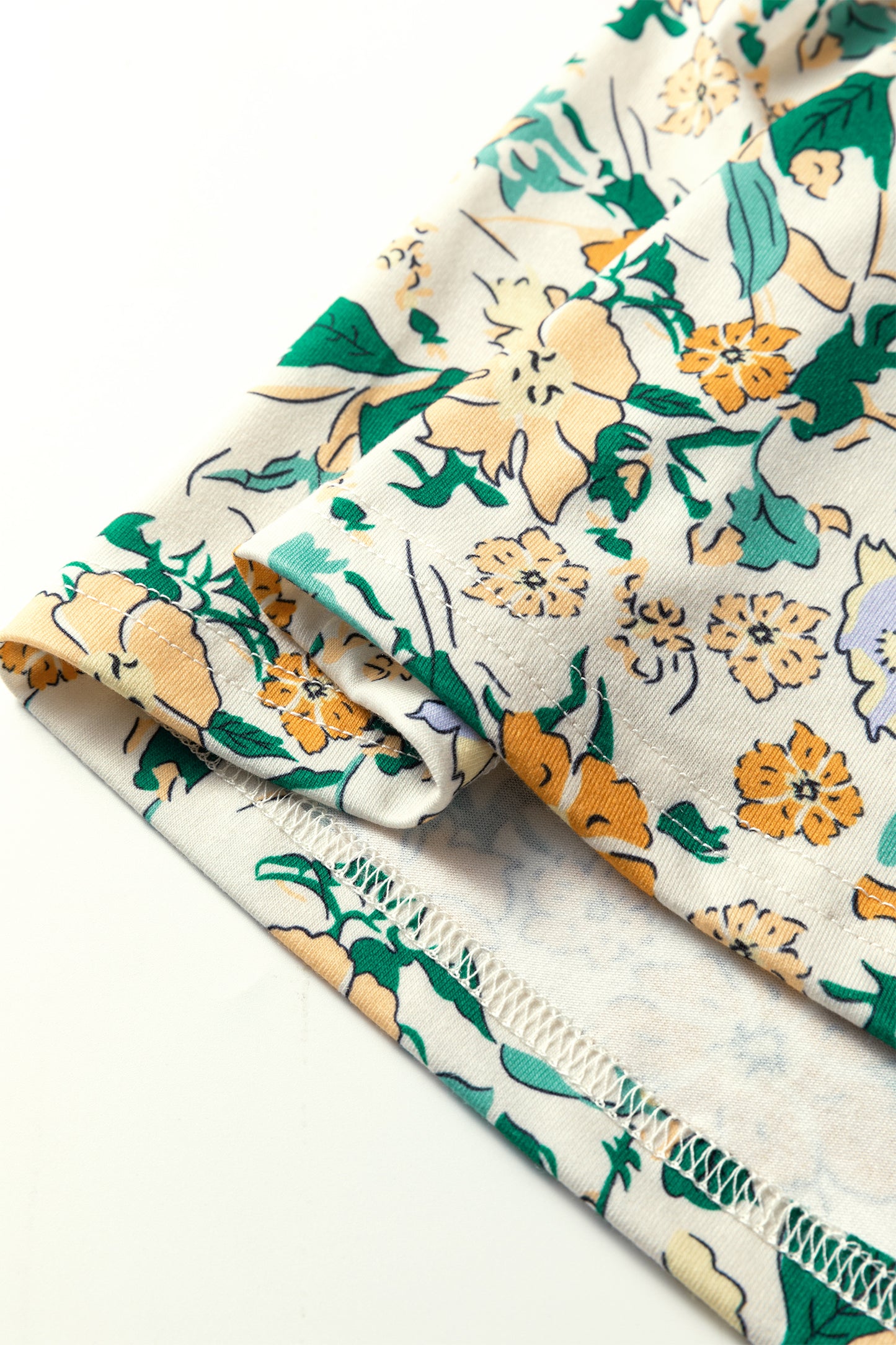 Khaki Floral Print Button Notched V Neck Long Sleeve Top