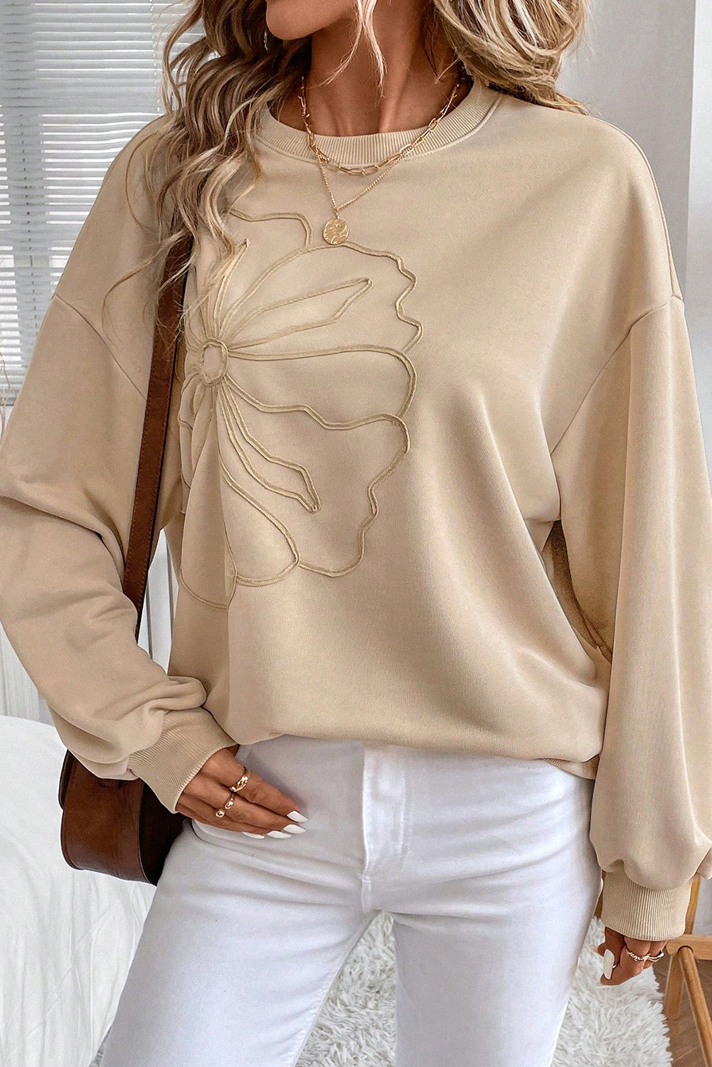 Parchment Embroidered Flower Pattern Drop Shoulder Sweatshirt