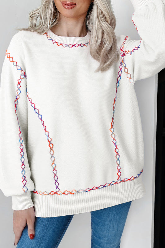 White Rainbow Stitching Balloon Sleeve Relaxed Sweater