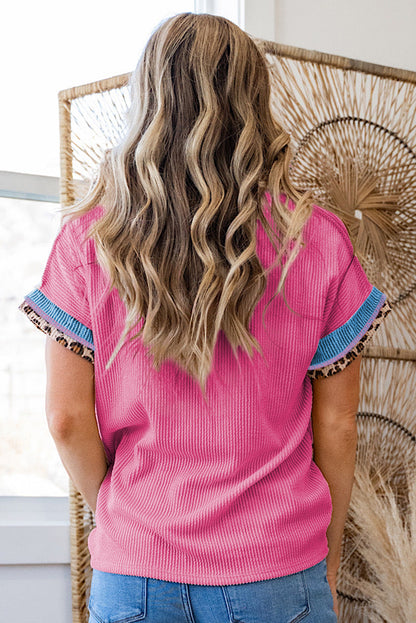 Sky Blue Leopard Patchwork Corded Knit Crew Neck T Shirt