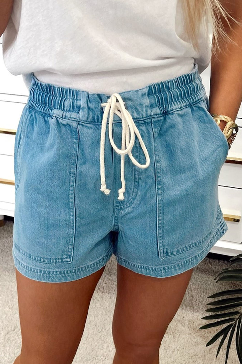Beau Blue Contrast Drawstring Elastic Waistband Denim Shorts