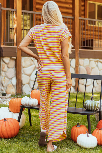 Black Stripe Rainbow Tee Tasseled String Wide Leg Pants Set