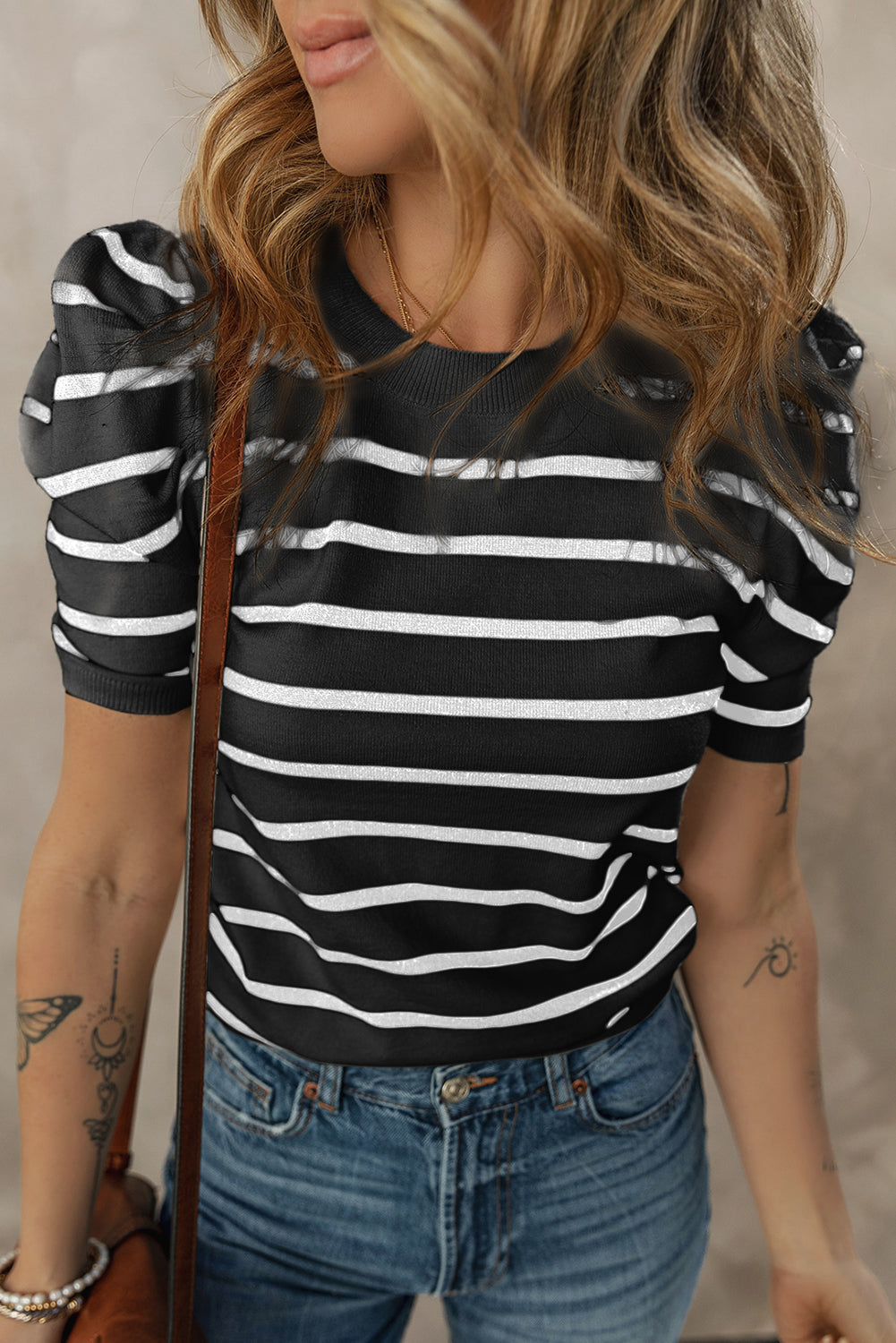 White Stripe Ribbed Trim Round Neck Bubble Sleeve Knitted Top