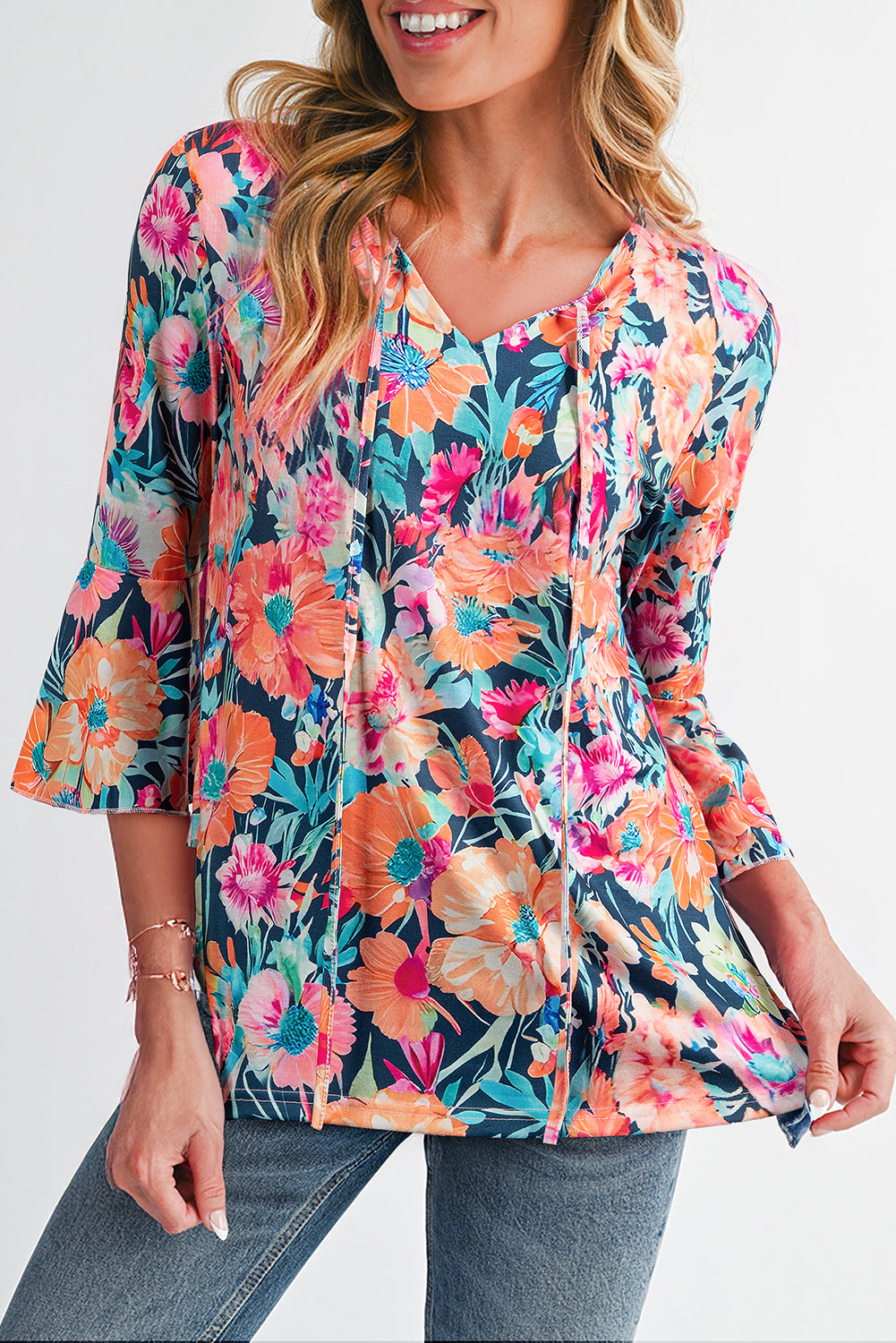 Black Floral 3/4 Flare Sleeve Tied V Neck Blouse