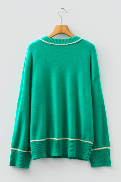 Sea Green Contrast Detail Drop Shoulder Baggy Sweater
