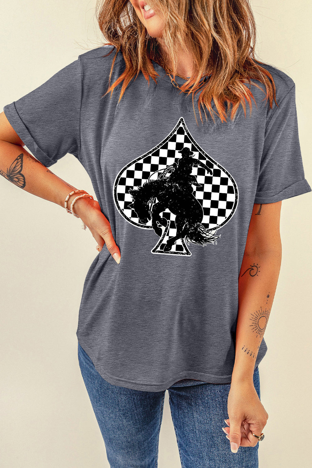 Gray Redeo Check Spades Western Graphic T Shirt