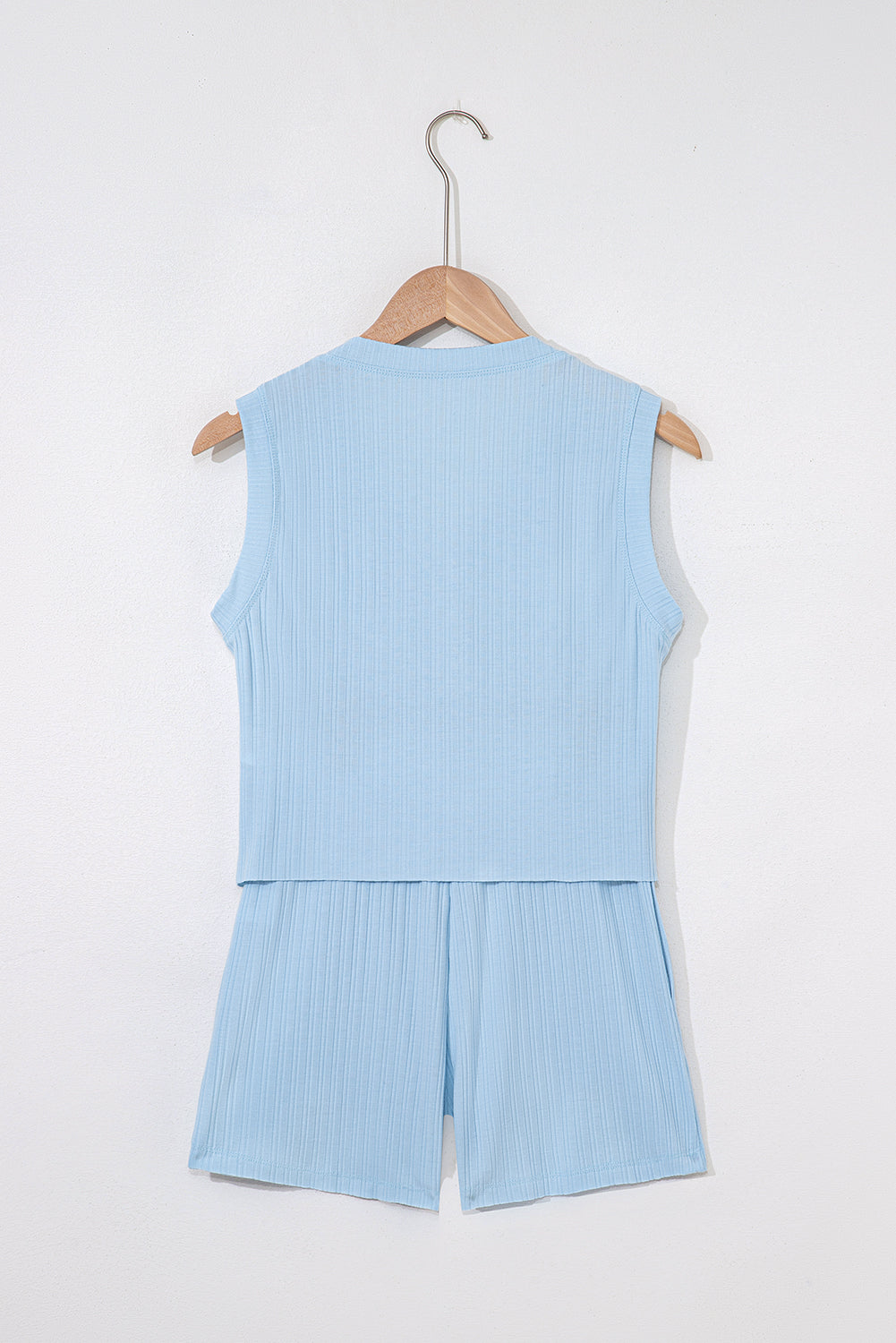 Beau Blue Ribbed Button V Neck Tank Top and Shorts Set