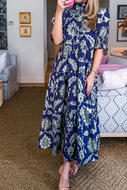 Blue Wild Floral Print Frilled Collar Half Sleeve Long Dress