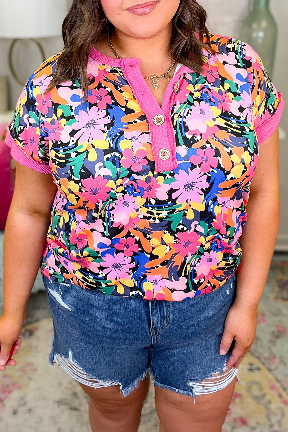 Rose Floral Short Sleeve Contrast Edge Plus Size Henley Top