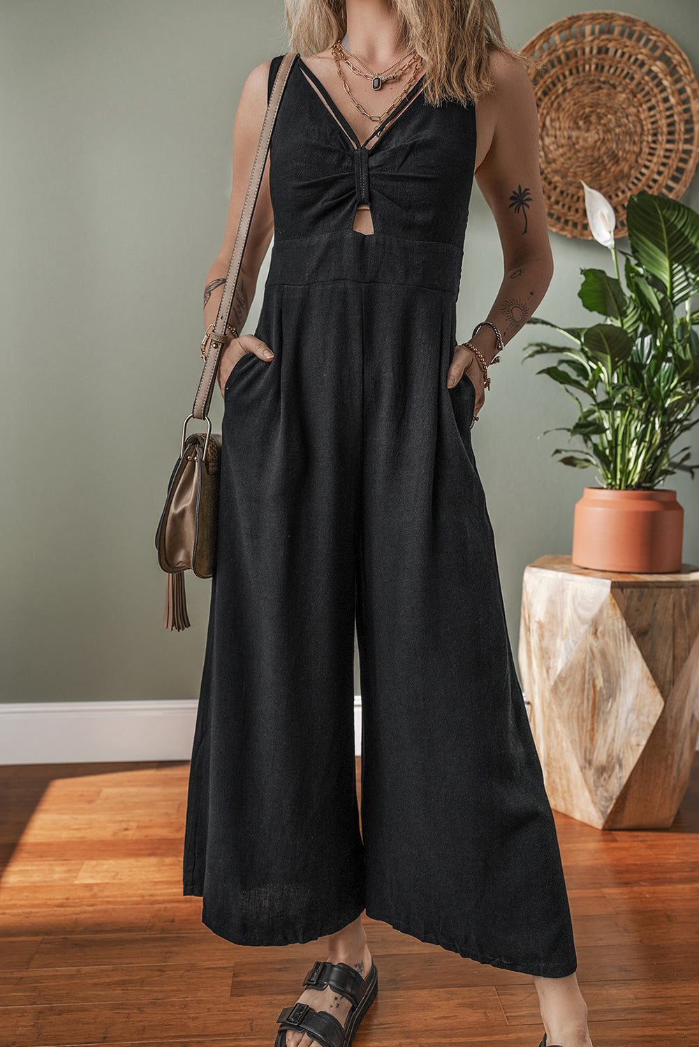 Black Front Cut Out Smocked Back Sleeveless Wide Leg Jumpsuit