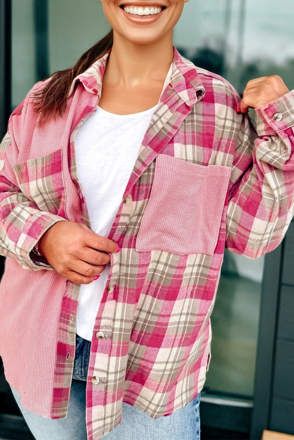 Pink Waffle Patch Pocket Plaid Patchwork Plus Size Shirt