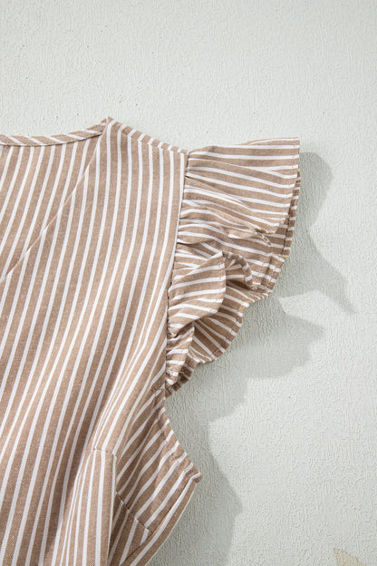 Khaki Stripe Flutter Sleeve Buttoned Front Slit Maxi Dress