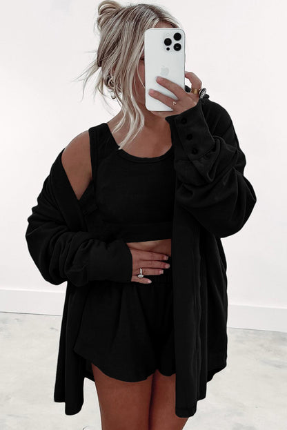 Gray 3 Pcs Crop Tank Top Shorts with Cardigan Lounge Set