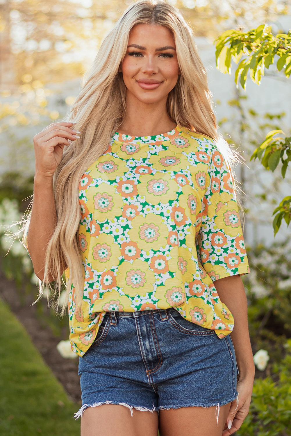 Yellow Summer Flower Printed Drop Shoulder Loose T Shirt