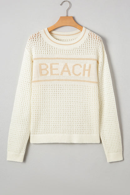 White BEACH Hollow Out Knitted Lightweight Dolman Sweater