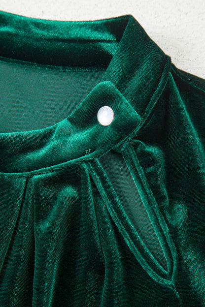 Evergreen Asymmetric Button Keyhole Neck Long Sleeve Velvet Blouse