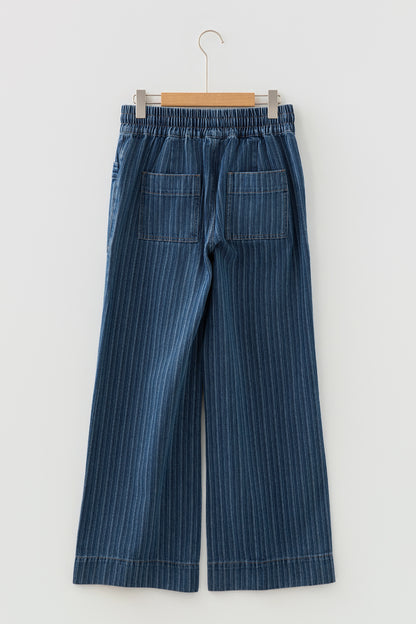 Blue Stripe Contrasted Drawstring Pocketed Loose Jeans