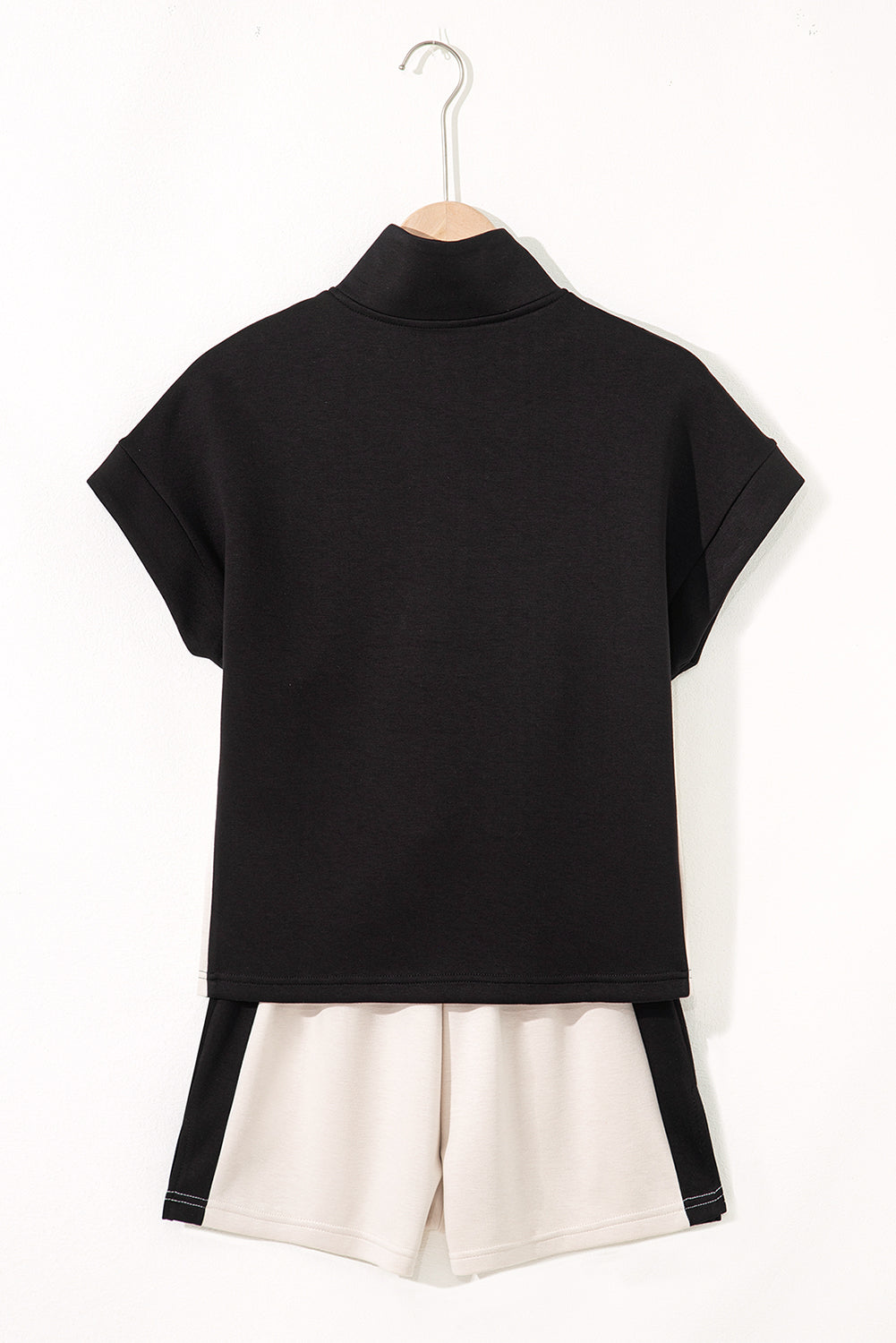 Black Contrast Zipped Stand Collared T Shirt and Short Set