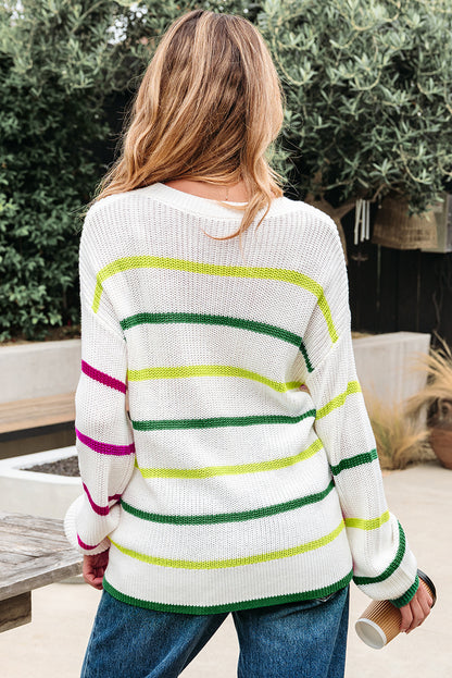 White Colorful Striped Drop Shoulder Crew Neck Sweater