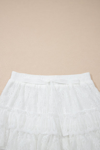 White Lace Ruffle Tiered Drawstring Elastic Waist Sweet Shorts