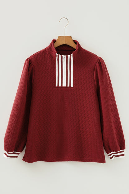 Racing Red Rhombus Textured Striped Patchwork Zip Neck Pullover Sweatshirt
