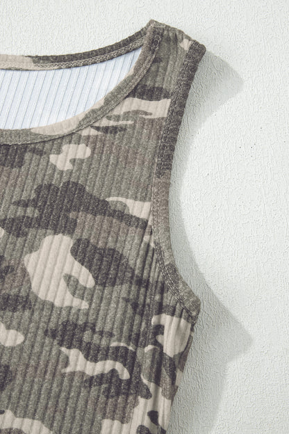 Gray Camouflage Print Ribbed Knit Round Neck Tank Top