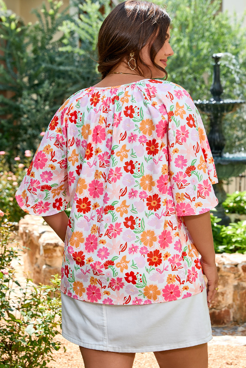 White Floral Split V Neck Wide Short Sleeve Plus Size Blouse Top