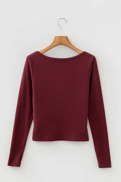 Coffee Ribbed Solid Color U Neck Cropped Long Sleeve Top
