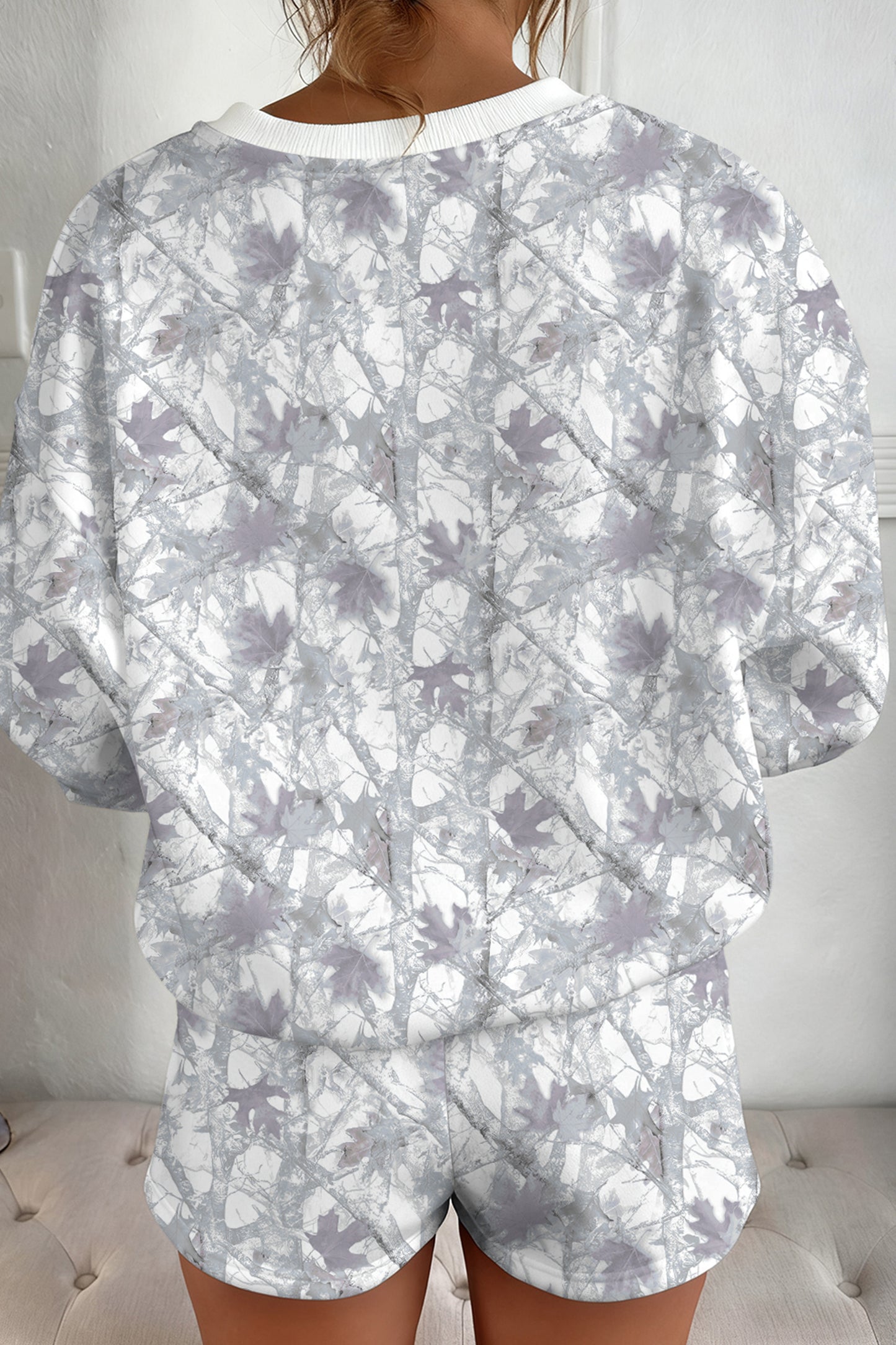 Brown Abstract Woodland Camo Print Baggy Pullover Drawstring Shorts Set