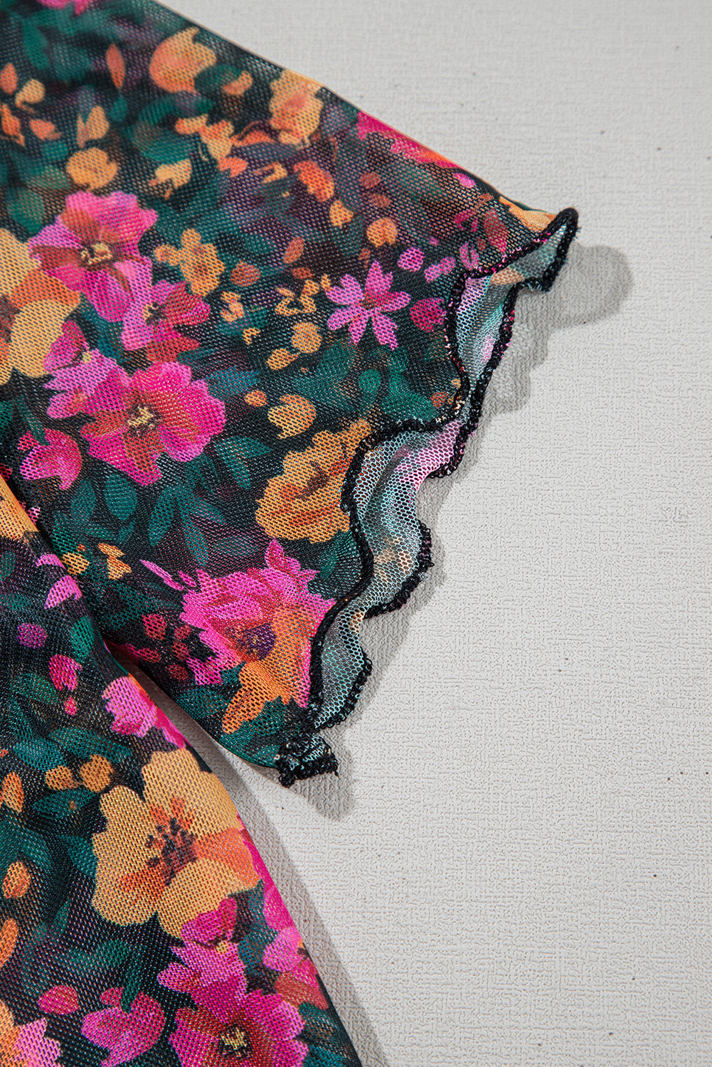 Rose Floral Print Mesh Stand Neck Short Sleeve Top