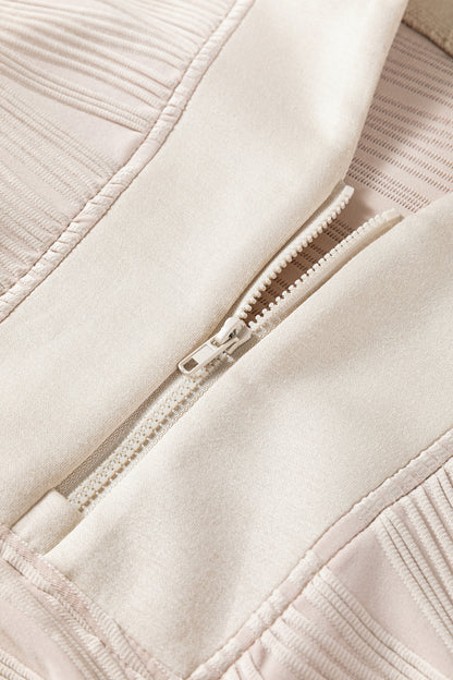 Parchment Solid Color Textured Zip V Neck Pullover Sweatshirt